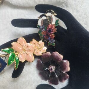 Camille Enamel Flower Brooch Lot Purple Rhinestone Bird Pin lot Gold Tone 3pc